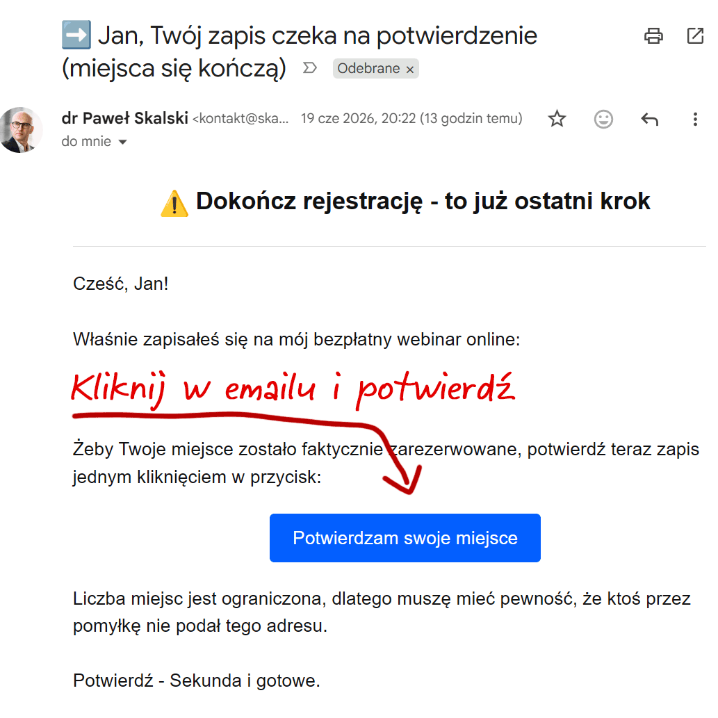 E-mail z linkiem potwierdzającym — kliknij przycisk „Potwierdzam swoje miejsce”